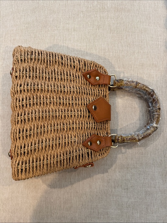 Handbags - Woven Straw Tote Bag with Tan Leather Trim